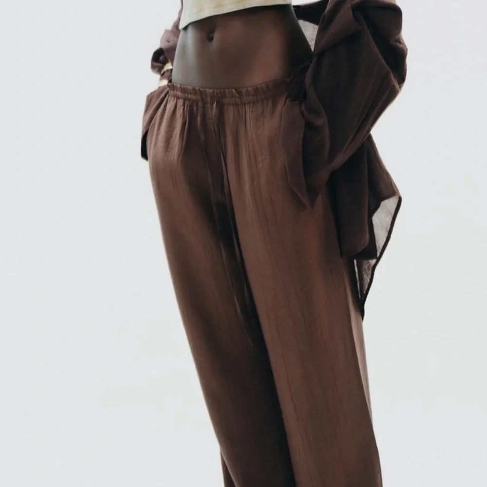 Zara NWT textured weave tan brown wide leg pants